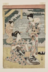温泉に入る女性たち（カラー木版画
