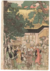 元旦に王子（稲荷神社）に向かう役者たち、国芳のサイン、キワメ印、大判立絵三枚組（カラー木版画