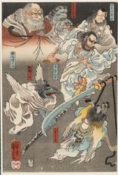 Minamoto Yoshitsune fights Benkei on Gojō Bridge, with the help of tengu demons