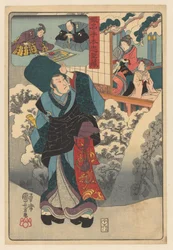 雪景色の中を旅する僧侶が女性と子供と一緒に部屋をのぞき込む かなでほん忠臣蔵