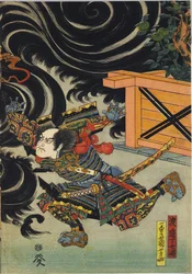 源頼政が井伊早田と渡辺長七に助けられて、近衛天皇の御所の屋根から鵺を射る様子を描いたカラー木版画三枚組のうちの一枚。日本、江戸、歌川国芳作、1820～1825年頃