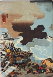 Sheet from a colour woodblock print triptych, entitled Eiroku yonnen kugatsu yokka Kawanakajima kassen ni Yamamoto Kansuke nyd no uchijini no zu