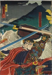 上杉謙信（左）と武田信玄の出会いをクローズアップして描いたカラー木版画三枚組「川中島合戦」の1枚。日本、江戸、歌川国芳作