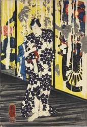月明かりに照らされた廃墟の寺で、破れたり剥がれたりしたふすまを持ち、照宇治がタオルを差し出している様子を描いた「今様照宇治古寺の小図」と題されたカラー木版画三枚組の一枚。