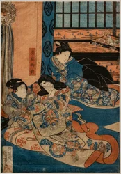 源義経の愛人、常盤御前の歌舞伎の場面（紙に木版画