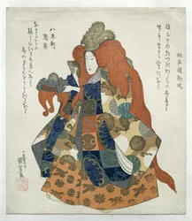 龍の冠と供物台を持つ女性