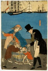 横浜を散策するヨーロッパ人、パブ。 1871（手塗りの木版）