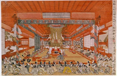 日本最古の宗教である神道の儀式を描いた「神道式」。歌川豊春（1735-1814）による日本の版画。パリ、ギメ美術館、アジア美術博物館。