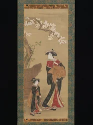 桜の木の下の遊女と付き添い