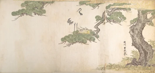 松の木の枝に作られた巣にいる鶴とその子供たち 1790年頃
