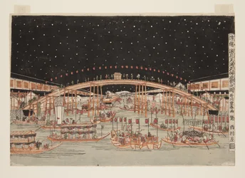 浮絵浪花天満天神夜祭之図（カラー木版画）（うきえなにわてんまてんじんよるまつりのず