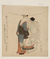 雪の中で若い女性と歩く恵比寿神（色木版画）