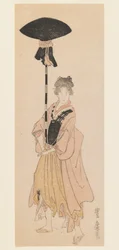 若い女性が行列のために装飾されたポールを運ぶ、1805-6年頃（木版画、狭い小判立絵摺物スタイルの印刷）
