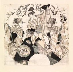 四人の女形による舞台舞踊を演じる役者たち（1800-05年頃、カラー木版画）