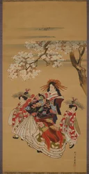 桜の下の遊女と二人の禿
