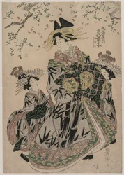 The Courtesan Katakoshigi  of Maruebiya with her Kamuro Ageha and Midori, c. 1805. 
