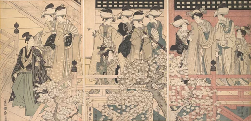 サムライが出発する桜に囲まれた縁側の美女たち, ca. 1800年。