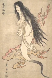 『四谷...の怪談』における、殺害された妻お岩の幽霊に扮する尾上松助、1812年。