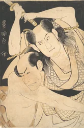 三代目沢村宗十郎が剣を掲げ、三代目嵐七五郎が戦う…。 1798年。