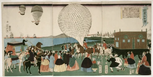アメリカのバルーニング、パブ。 1865年（手彩色木版画）