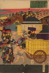 Flourishing Nihonbashi section of Tokyo. Tokyo Nihonbashi han ei no zu Triptych