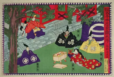 1703年の四十七浪人事件に基づく復讐の物語、歌舞伎劇「かなでほん忠臣蔵」の第1幕のシーン、1870年頃（カラー木版画）
