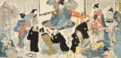 紫渋福（b。978）による 『源氏物語』の場面c。 1860（カラー木版画）