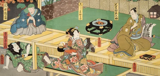 紫渋福（b。978）による 『源氏物語』の場面c。 1860（カラー木版画）