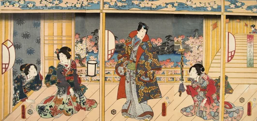紫渋福（b。978）による 『源氏物語』の場面c。 1860（カラー木版画）