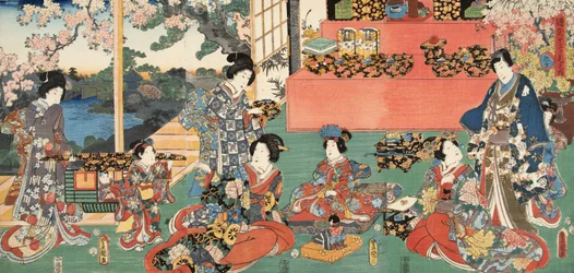 紫渋福（b。978）による 『源氏物語』の場面c。 1860（カラー木版画）