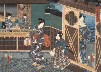 紫渋福（b。978）による 『源氏物語』の場面c。 1860（カラー木版画）