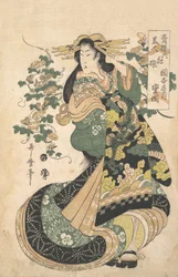 朝顔を背景に花魁。