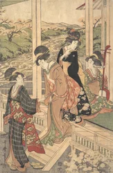 田舎の家の縁側にいる女性たちのグループ、桜の咲く頃に...、1806年頃。