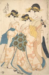 扇屋の花魁が二人の新造と彼女のカムロ吉野に付き添っている様子、1806年頃。