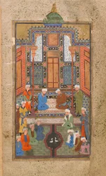 Tuhfat al-Ahrarの宮殿のシーン（無料のギフト）ブハラ、ウズベキスタン、ウズベク時代、1540年頃（不透明な水彩、インク、紙の上の金）