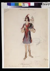 ヴォルフガング・アマデウス・モーツァルト（1756-1791）のオペラ「魔笛」の衣装デザイン（モーツァルトのオペラ「魔笛」の衣装デザイン）。 V.Bushina の作品 (19 世紀初頭)。 紙に水彩、ガッシュ、金