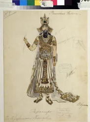 ヴォルフガング・アマデウス・モーツァルト（1756-1791）のオペラ「魔笛」の衣装デザイン（モーツァルトのオペラ「魔笛」の衣装デザイン）。 V.Bushina の作品 (19 世紀初頭)。 紙に水彩、ガッシュ、金