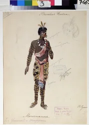ヴォルフガング・アマデウス・モーツァルト（1756-1791）のオペラ「魔笛」の衣装デザイン（モーツァルトのオペラ「魔笛」の衣装デザイン）。 V.Bushina の作品 (19 世紀初頭)。 紙に水彩、ガッシュ、金