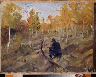 コンスタンティン・コロビン (コンスタンチン・コロビン) (1861-1939) の仕事中。 Valentin Alexandrovich Serov（1865-1911）による絵画、キャンバスに油彩