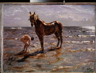 馬のお風呂。 (若い裸の男が馬に水しぶきを上げ、他の 2 人の人物が海に飛び出します)。 Valentin Alexandrovich Serov（1865-1911）による絵画、キャンバスに油彩