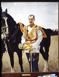 ロシアのパウル・アレクサンドロヴィッチ大公（1860年～1919年）の肖像画。 (ロシアのパウル・アレクサンドロヴィチ大公の肖像)。 彼の馬の近くで、帝国ロシア軍の騎兵隊の将校の制服を着ています。 Valentin Alexandrovich Serovによる絵画（