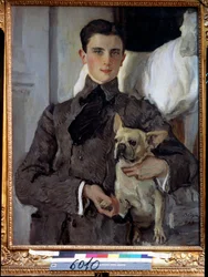 フェリックス・ユスポフ王子、スマロコフ・エルストン伯爵 (1887-1967) と犬の肖像。 （フェリックス・ユスポフ王子、スマロコフ・エルストン伯爵と犬の肖像）。 Valentin Alexandrovich Serov（1865-1911）による絵画、キャンバスに油彩