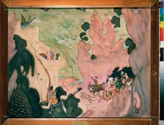Nicholas (Nikolai) Rimsky Korsakov (Rimsky-Korsakov) (1844-1908) によるバレエ ""Sheherazade"" (Scheherazade) の準備幕。 Valentin Alexandrovich Serov (1865-1911) の作品、紙に水彩、ガッシュ