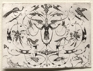 クジャク、インコ、犬、昆虫のいるアラベスク、1626年。