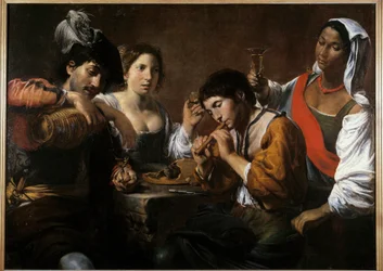 キャバレーでの出会い ヴァレンティン・ド・ブローニュ(1591-1632)の絵画 17世紀 日0.96×1.33m