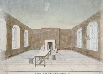 1810年、ロンドン市オールドベイリーのニューゲート刑務所の有罪判決を受けた部屋の内部
