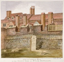 クリップルゲートのないセント ジャイルズの墓地にあるロンドン ウォールの遺跡、ロンドン市、1825 年