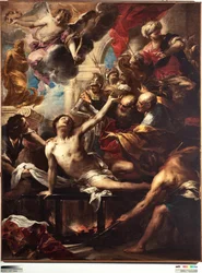 鉄板の上の聖ローレンスの殉教 ヴァレリオ・カステッロ（1624-1659）による絵画 薄さ236×182cm ゲネス、ストラーダ・ヌオーヴァ美術館（元パラッツォ・ビアンコ）。