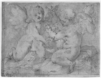 猫と 2 羽の鳥と遊ぶ 2 つの putti