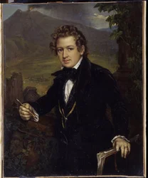 画家 Karl Pavlovich Briullov (Bryullov) (1799-1852) の肖像画。 画家 K.P. Briullov の肖像)。 火山の前に描かれた画家は、シャーペンと製図板を持っています。 Vasili Andreyevich Tropinin（Vassili Tropinin）による絵画（1